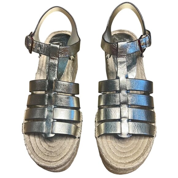 Tory Burch Espadrille Wedge Sandals Spark Gold Metallic Leather New Size 5.5 - Picture 10 of 16